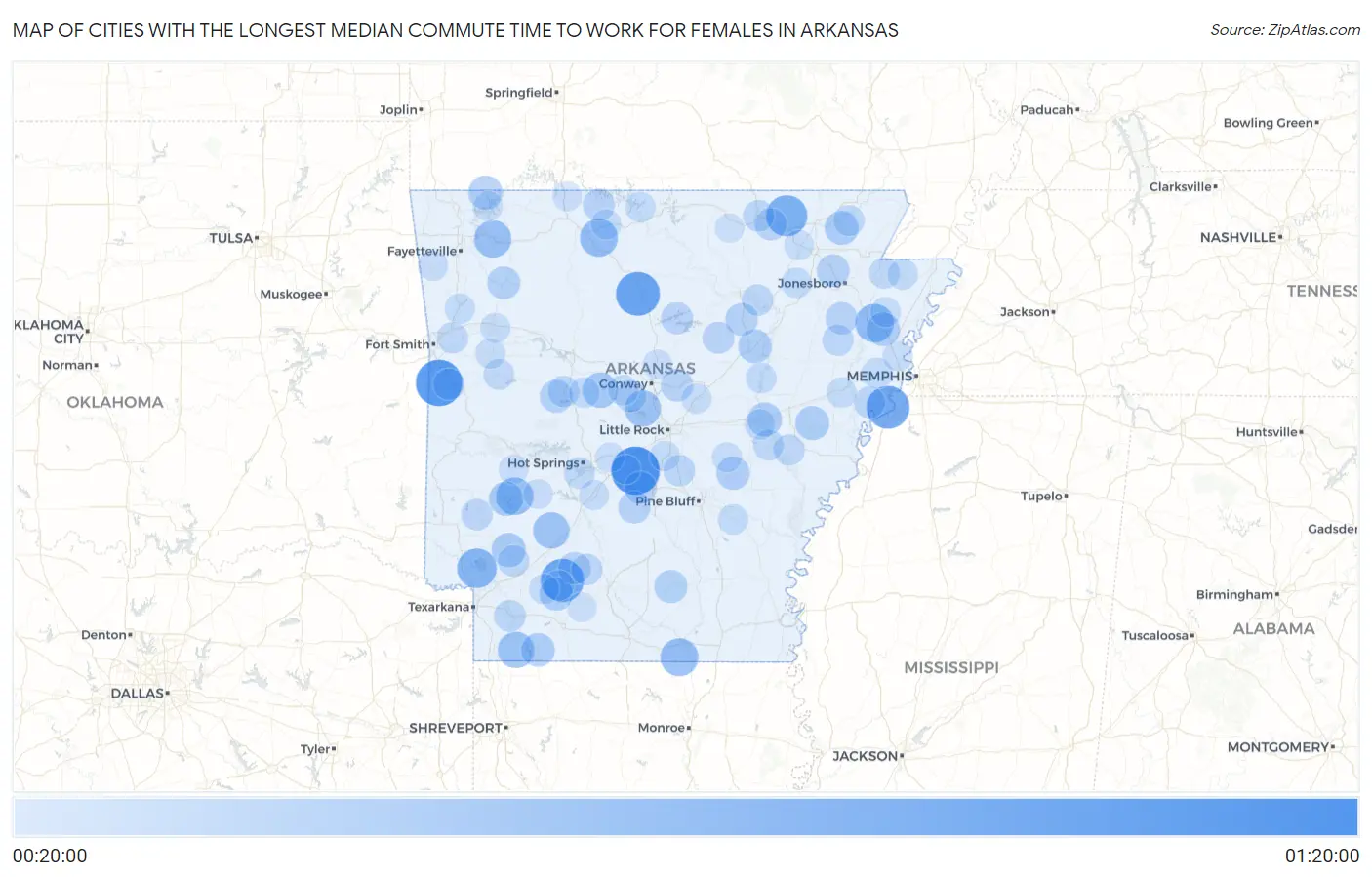 Cities with the Longest Median Commute Time to Work for Females in Arkansas Map