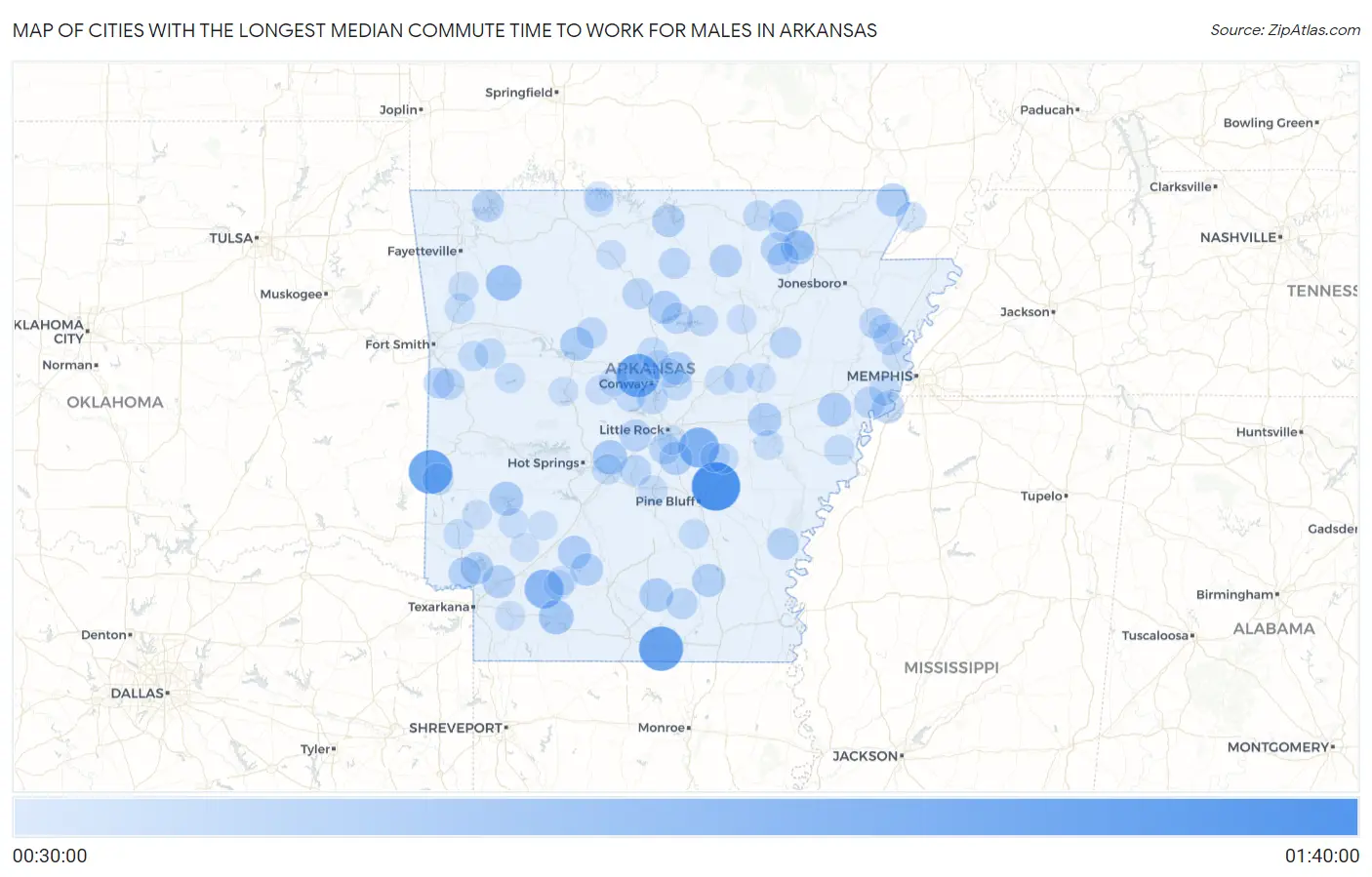 Cities with the Longest Median Commute Time to Work for Males in Arkansas Map