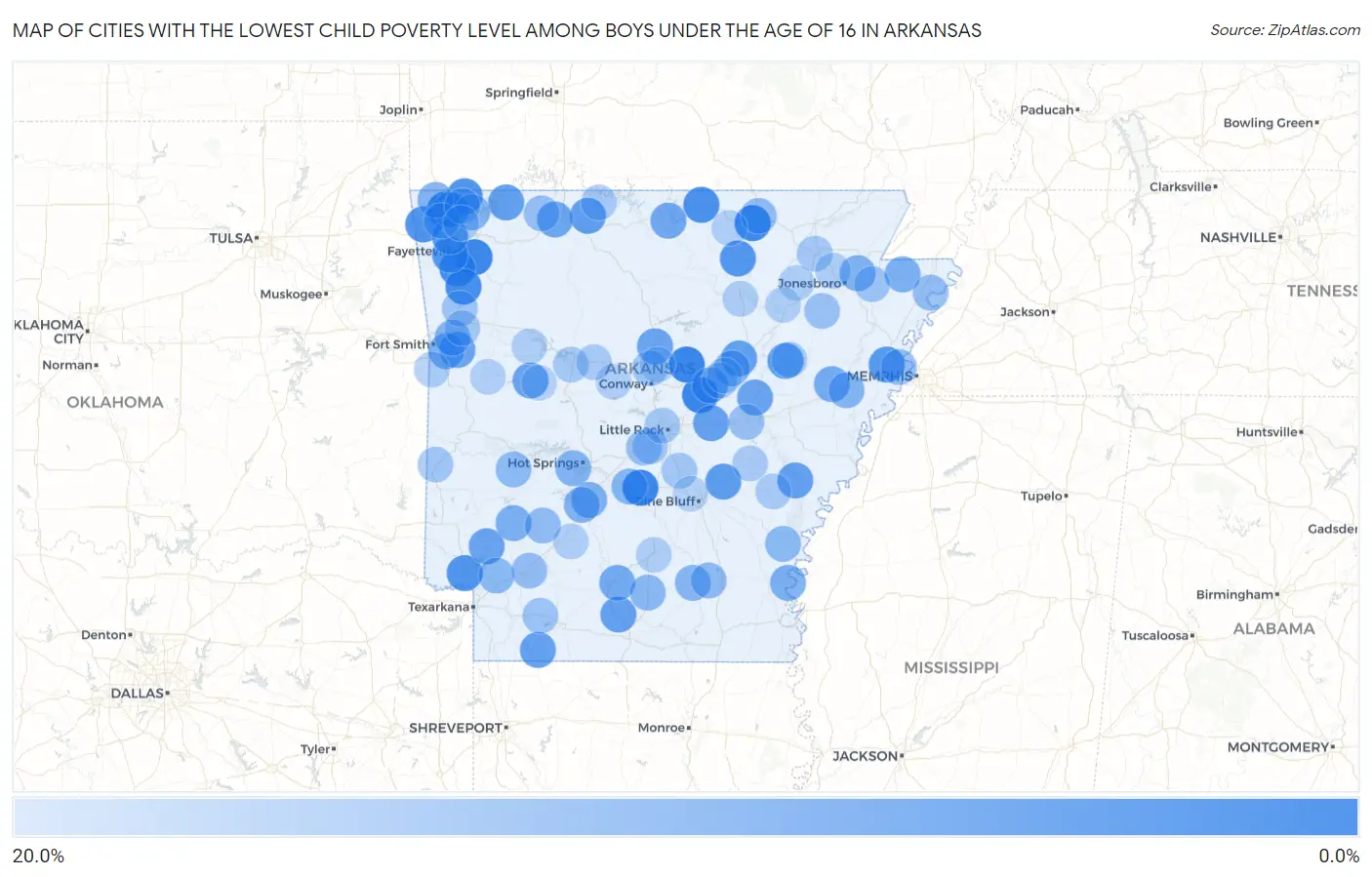Cities with the Lowest Child Poverty Level Among Boys Under the Age of 16 in Arkansas Map