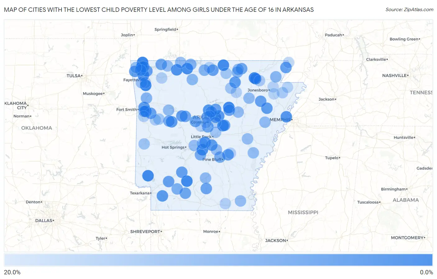Cities with the Lowest Child Poverty Level Among Girls Under the Age of 16 in Arkansas Map