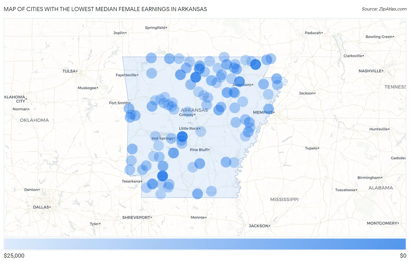 Cities with the Lowest Median Female Earnings in Arkansas Map