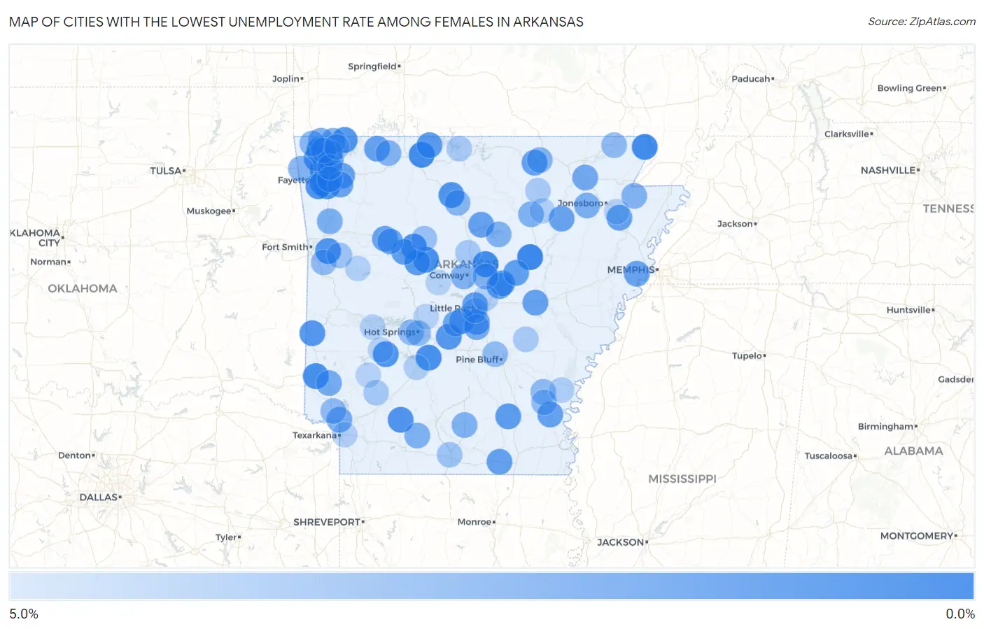 Cities with the Lowest Unemployment Rate Among Females in Arkansas Map