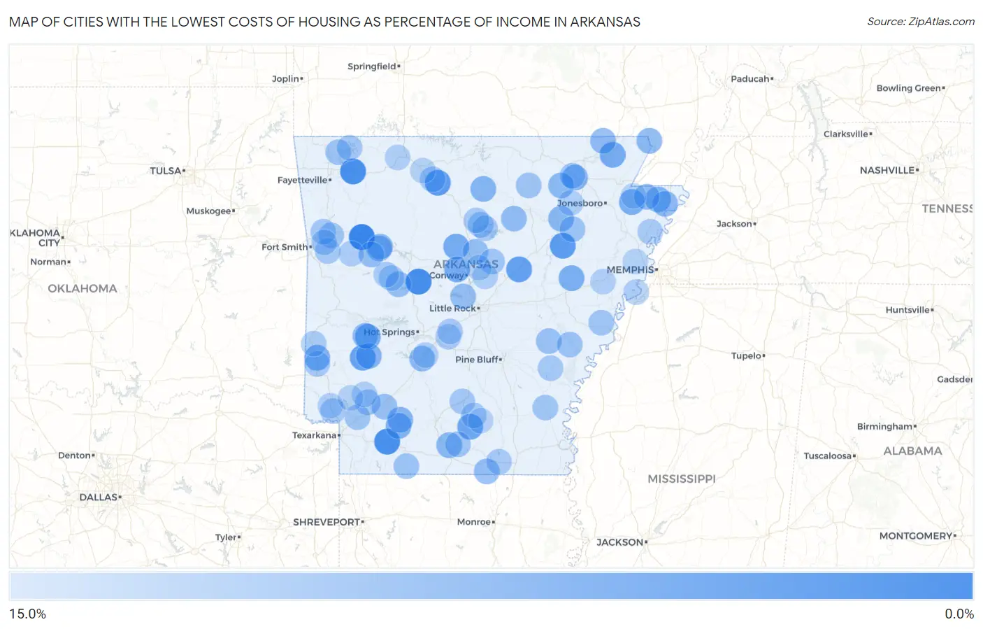 Cities with the Lowest Costs of Housing as Percentage of Income in Arkansas Map