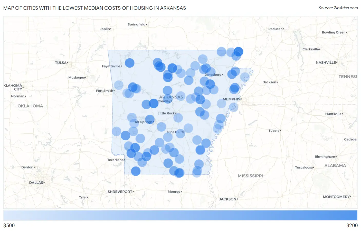 Cities with the Lowest Median Costs of Housing in Arkansas Map