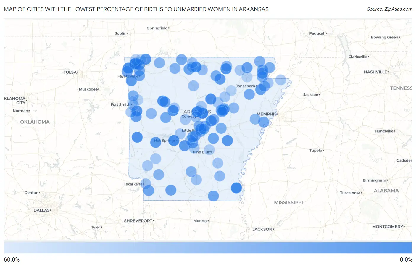 Cities with the Lowest Percentage of Births to Unmarried Women in Arkansas Map