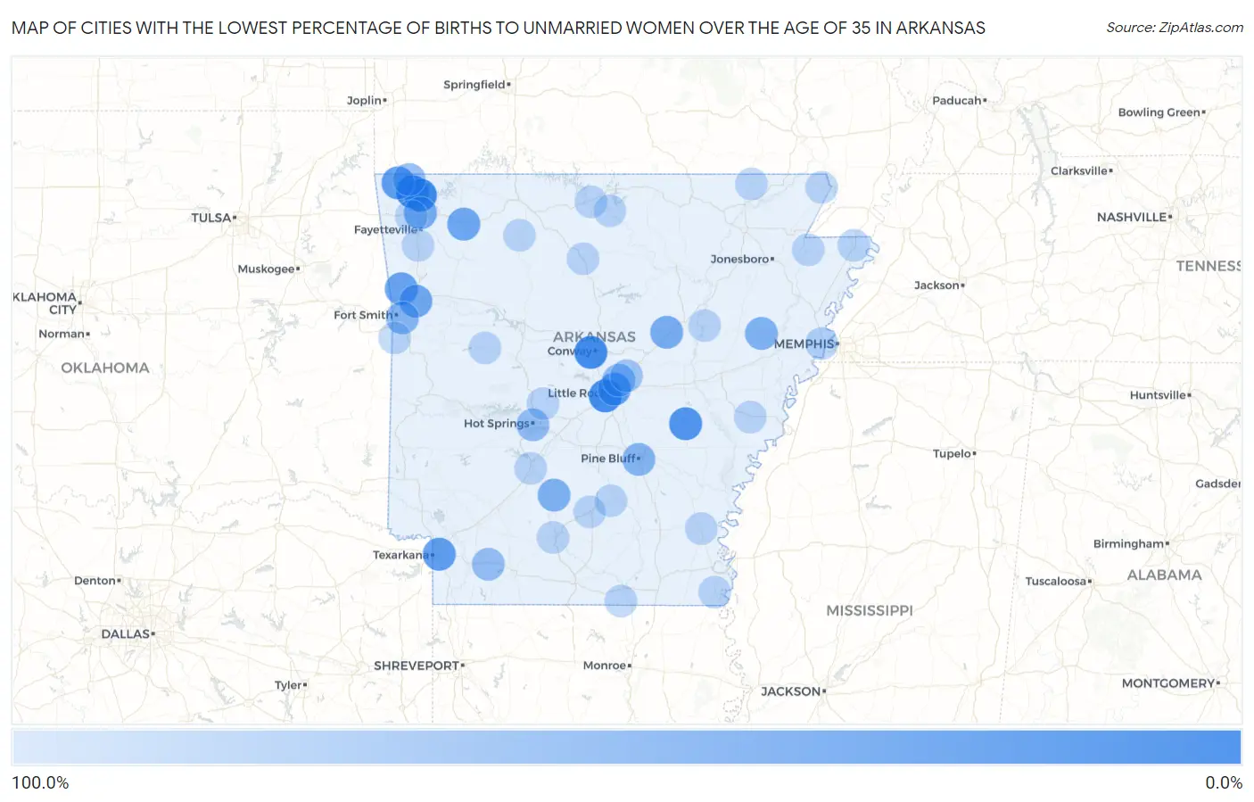 Cities with the Lowest Percentage of Births to Unmarried Women over the Age of 35 in Arkansas Map