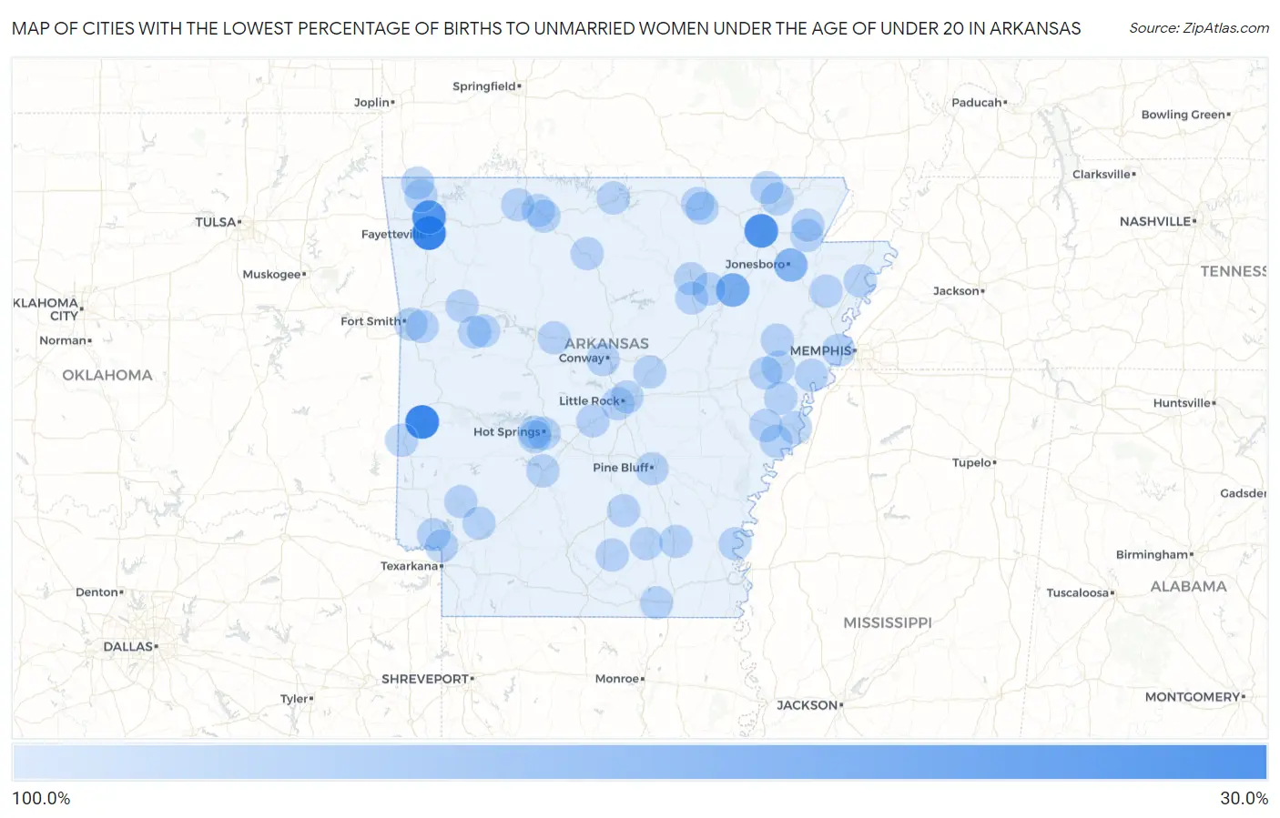 Cities with the Lowest Percentage of Births to Unmarried Women under the Age of under 20 in Arkansas Map