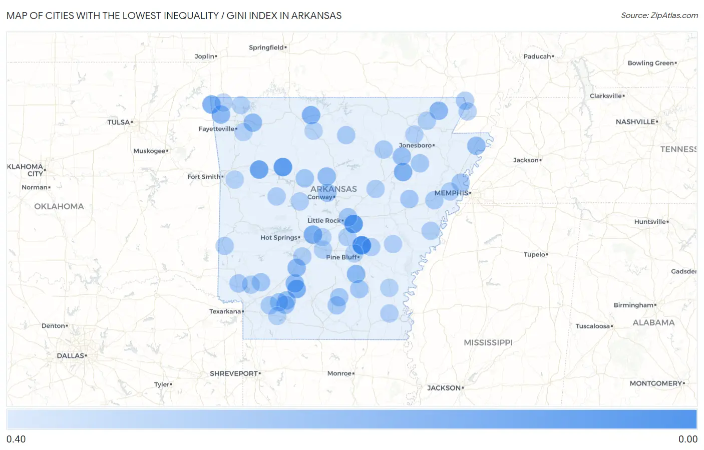 Cities with the Lowest Inequality / Gini Index in Arkansas Map