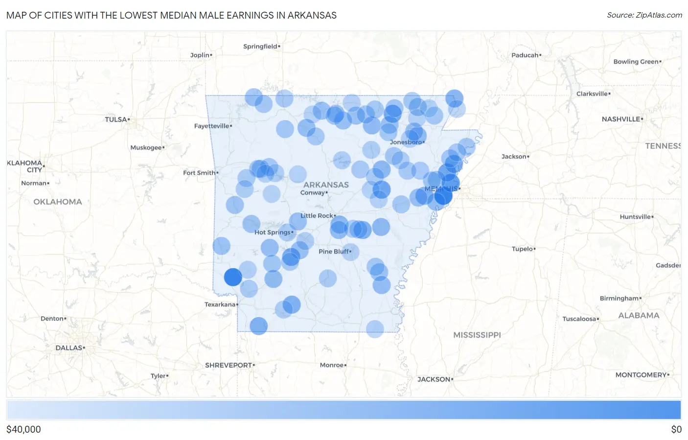 Cities with the Lowest Median Male Earnings in Arkansas Map