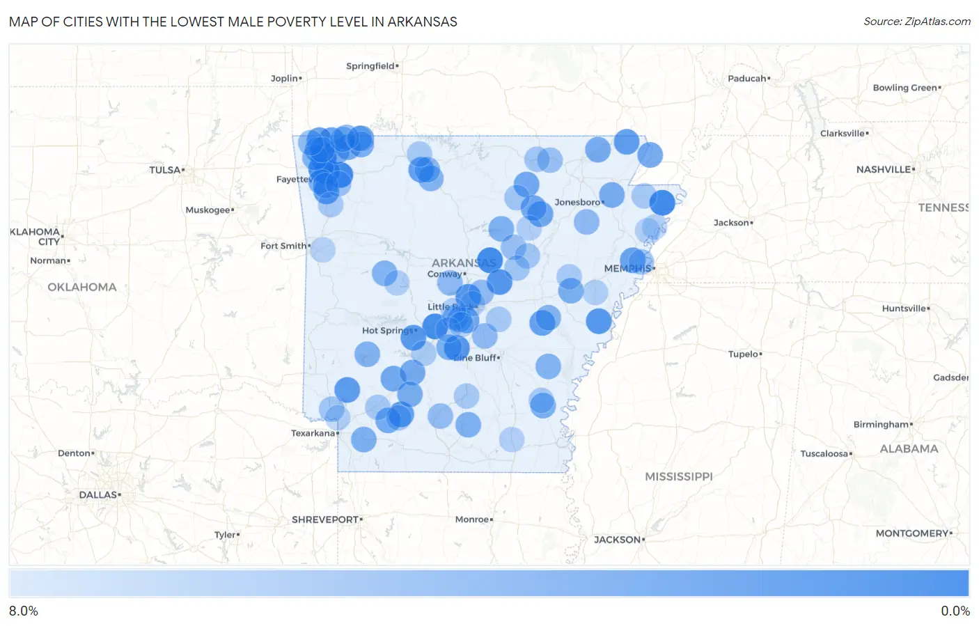 Cities with the Lowest Male Poverty Level in Arkansas Map