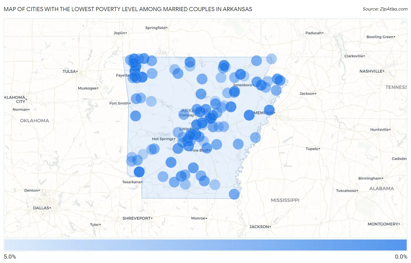 Cities with the Lowest Poverty Level Among Married Couples in Arkansas Map