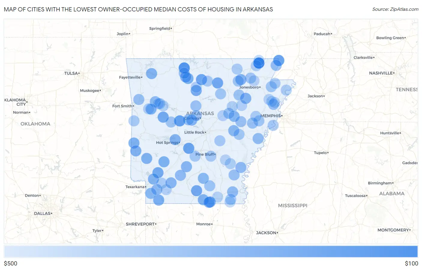 Cities with the Lowest Owner-Occupied Median Costs of Housing in Arkansas Map