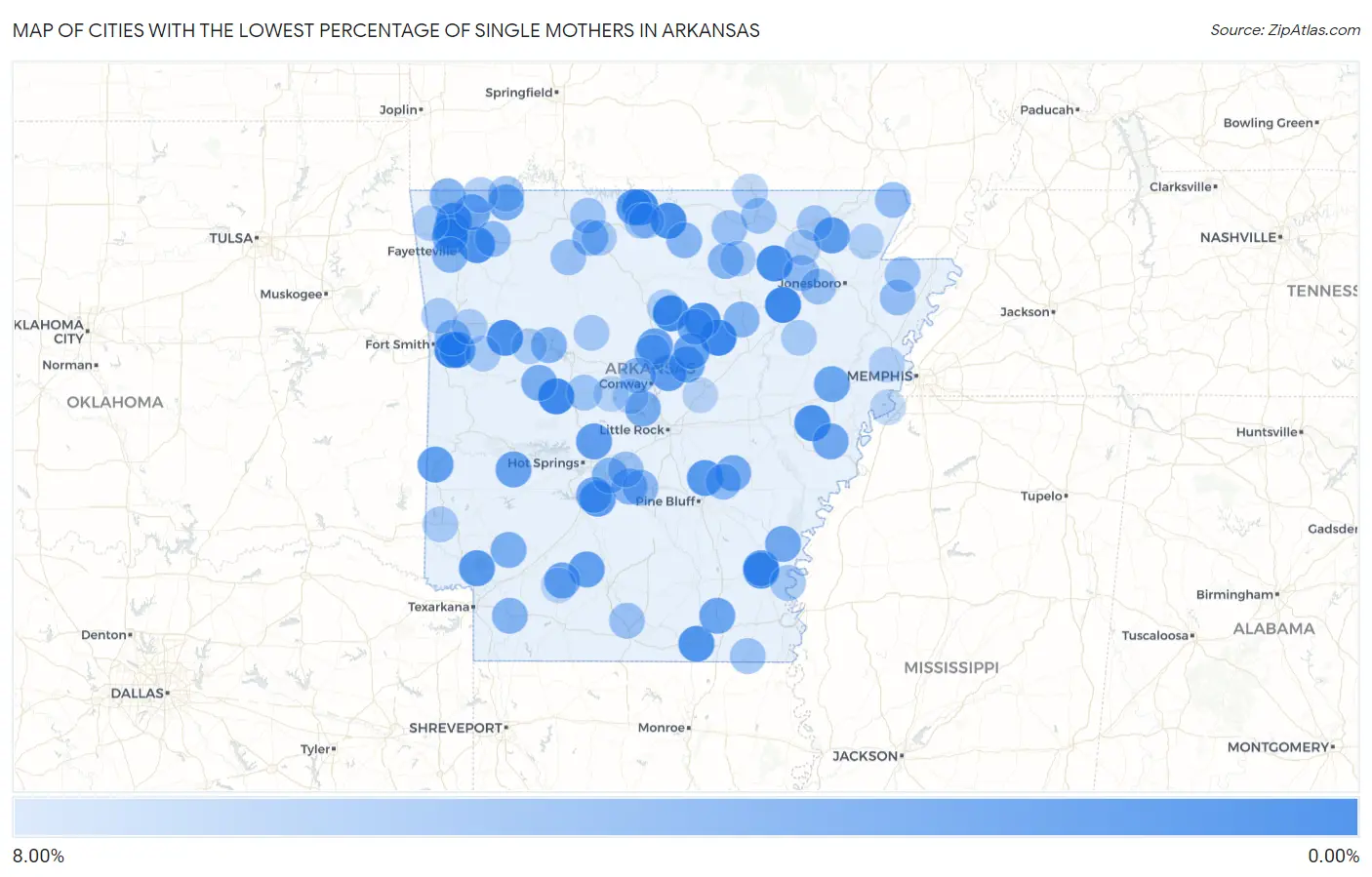 Cities with the Lowest Percentage of Single Mothers in Arkansas Map