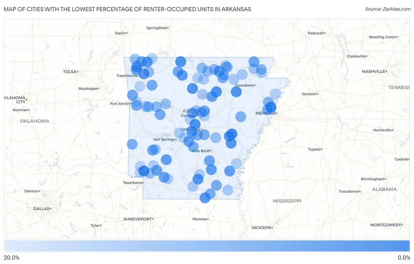 Cities with the Lowest Percentage of Renter-Occupied Units in Arkansas Map