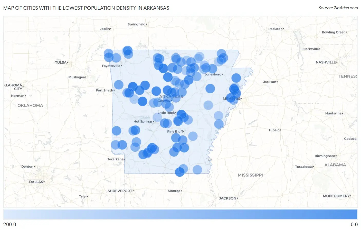 Cities with the Lowest Population Density in Arkansas Map
