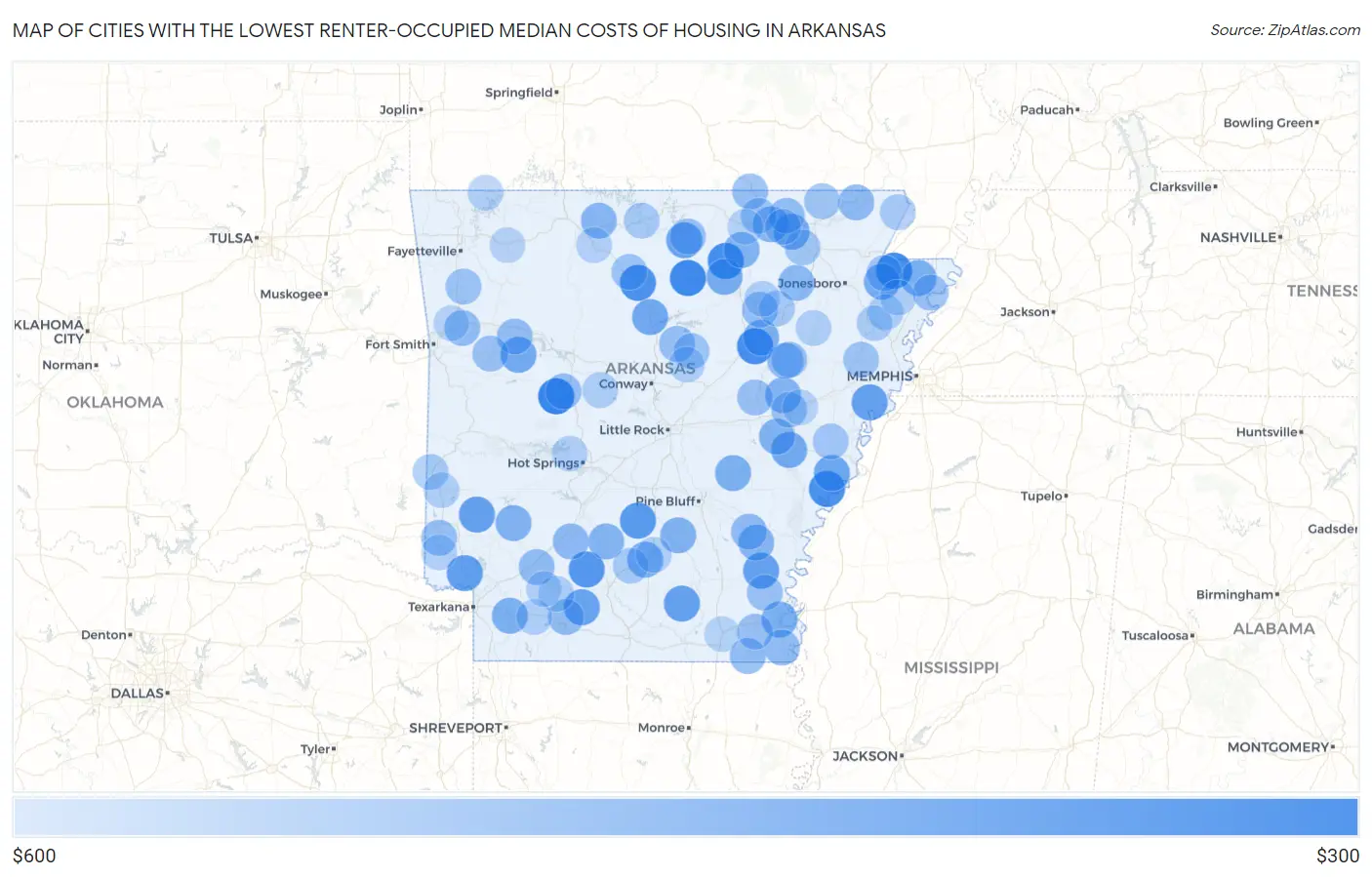 Cities with the Lowest Renter-Occupied Median Costs of Housing in Arkansas Map