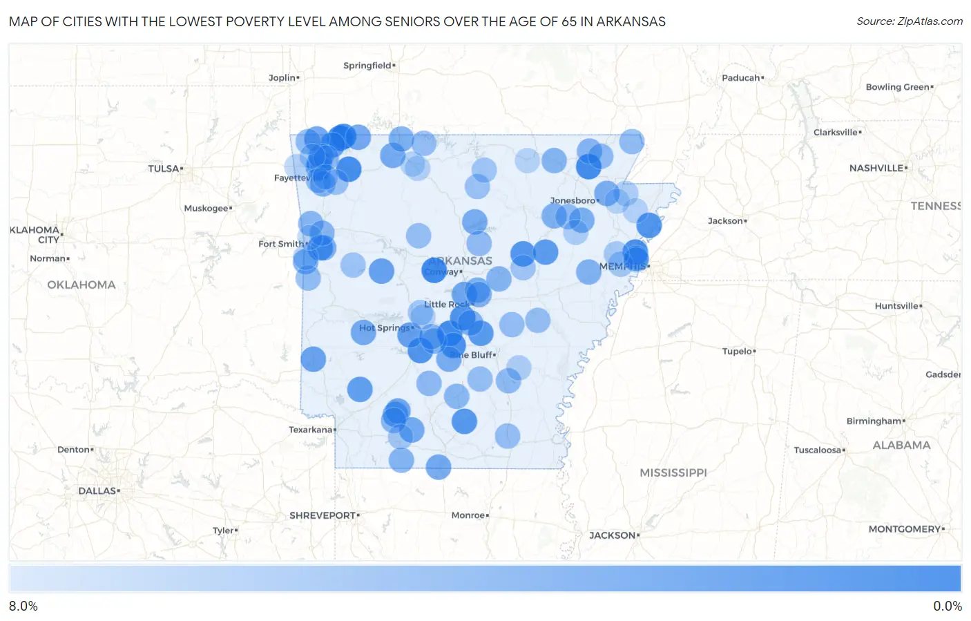 Cities with the Lowest Poverty Level Among Seniors Over the Age of 65 in Arkansas Map