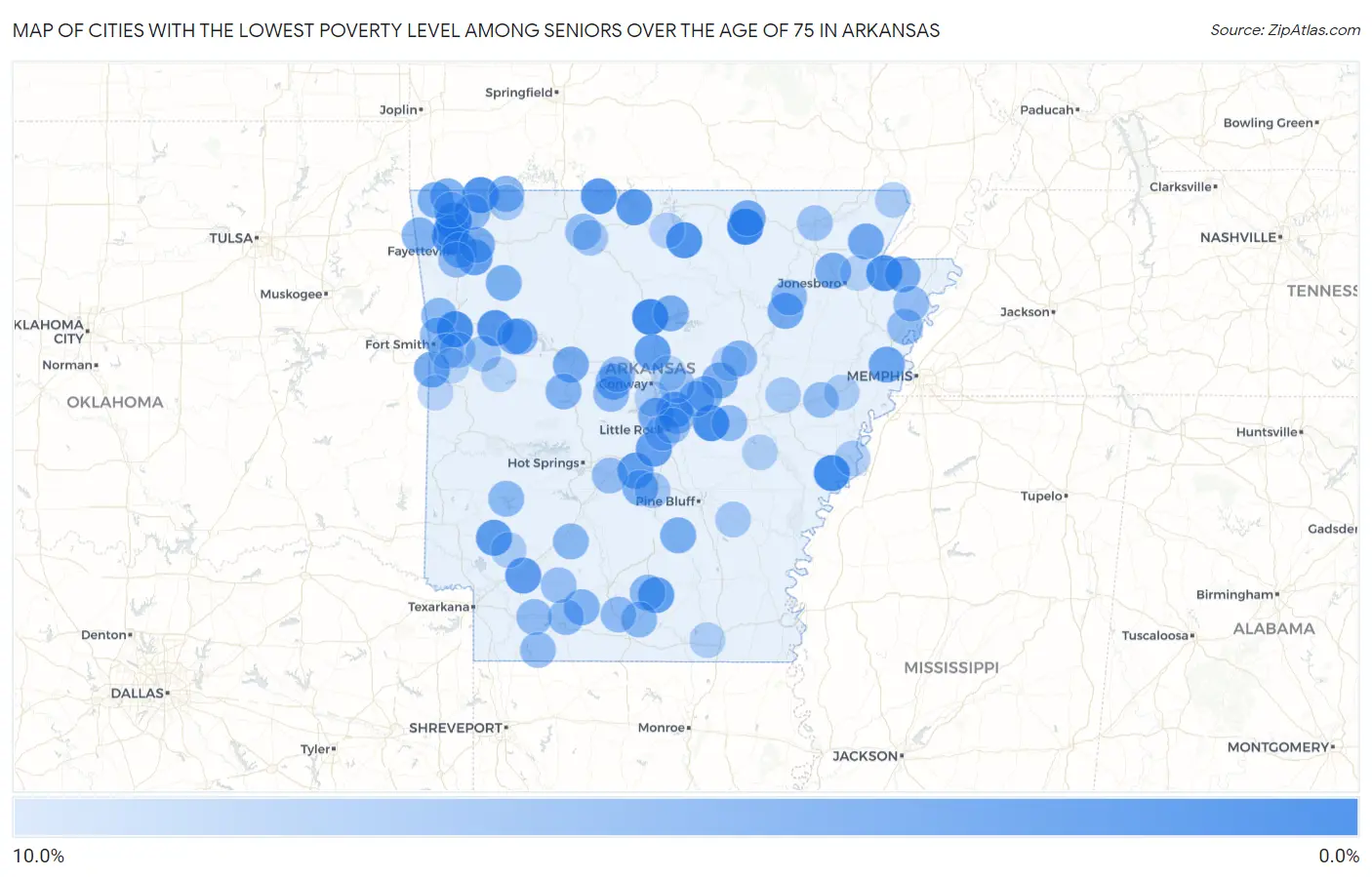 Cities with the Lowest Poverty Level Among Seniors Over the Age of 75 in Arkansas Map