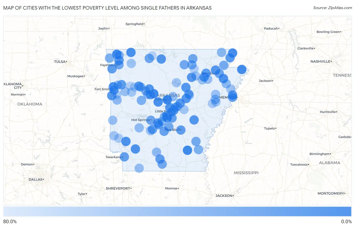 Cities with the Lowest Poverty Level Among Single Fathers in Arkansas Map