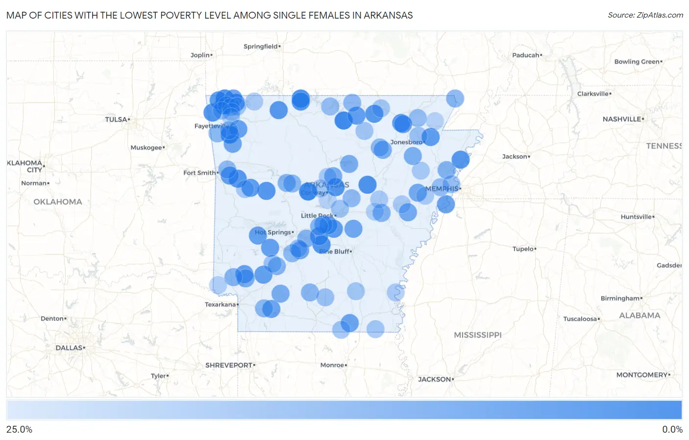 Cities with the Lowest Poverty Level Among Single Females in Arkansas Map