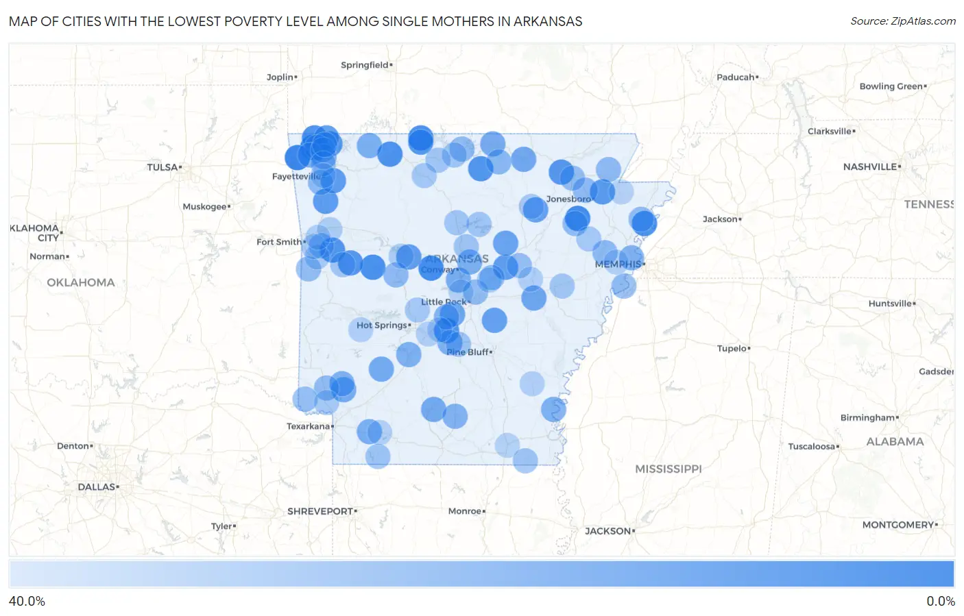 Cities with the Lowest Poverty Level Among Single Mothers in Arkansas Map