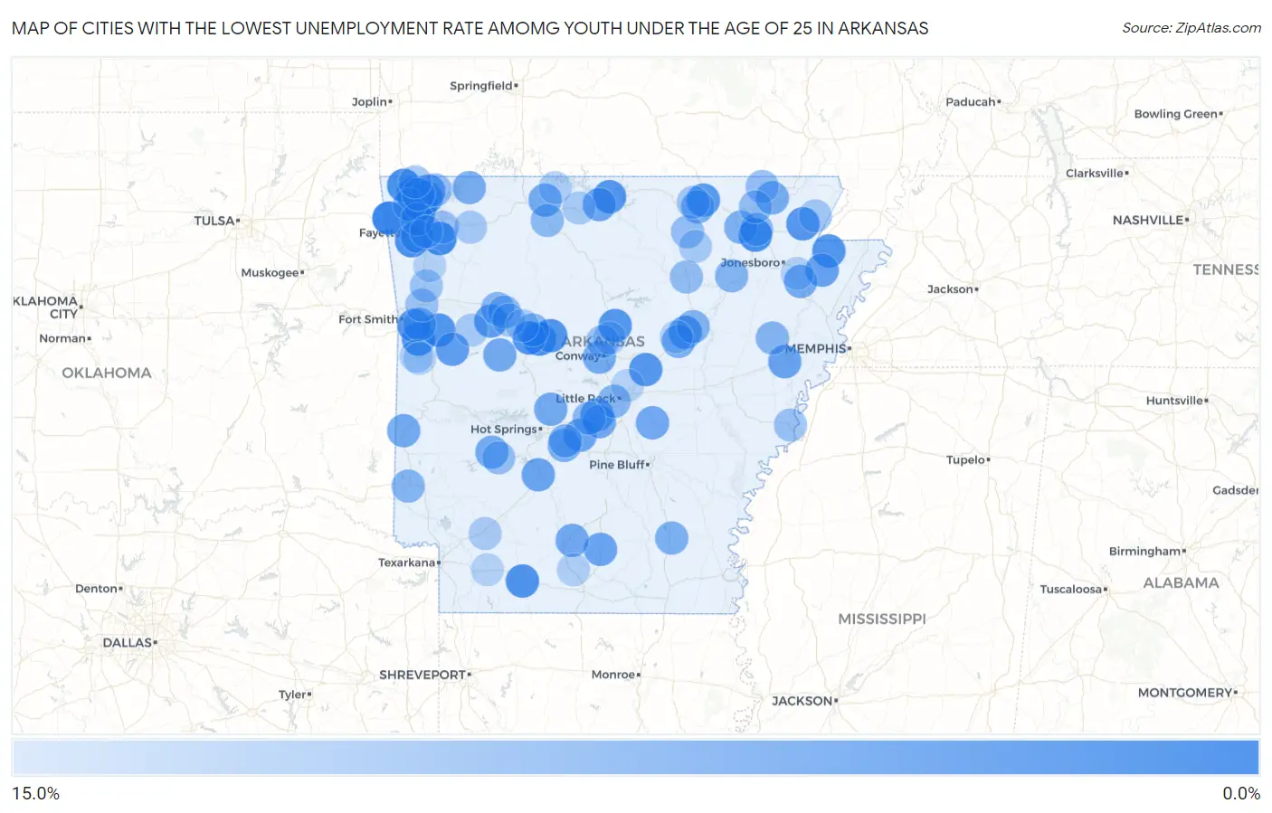 Cities with the Lowest Unemployment Rate Amomg Youth Under the Age of 25 in Arkansas Map