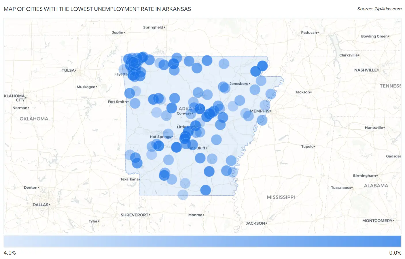 Cities with the Lowest Unemployment Rate in Arkansas Map