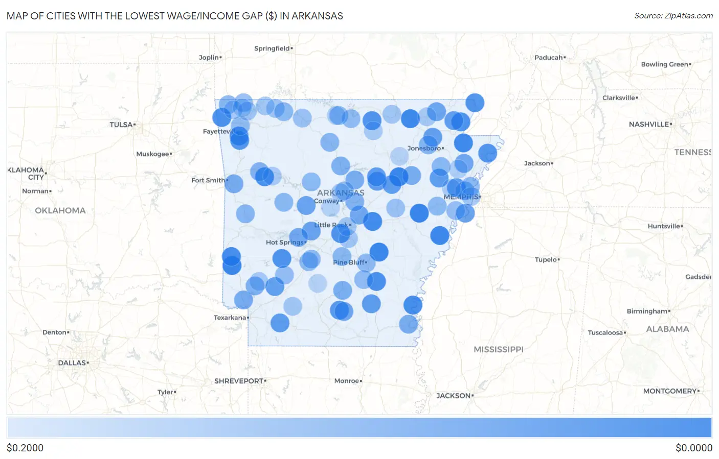 Cities with the Lowest Wage/Income Gap ($) in Arkansas Map