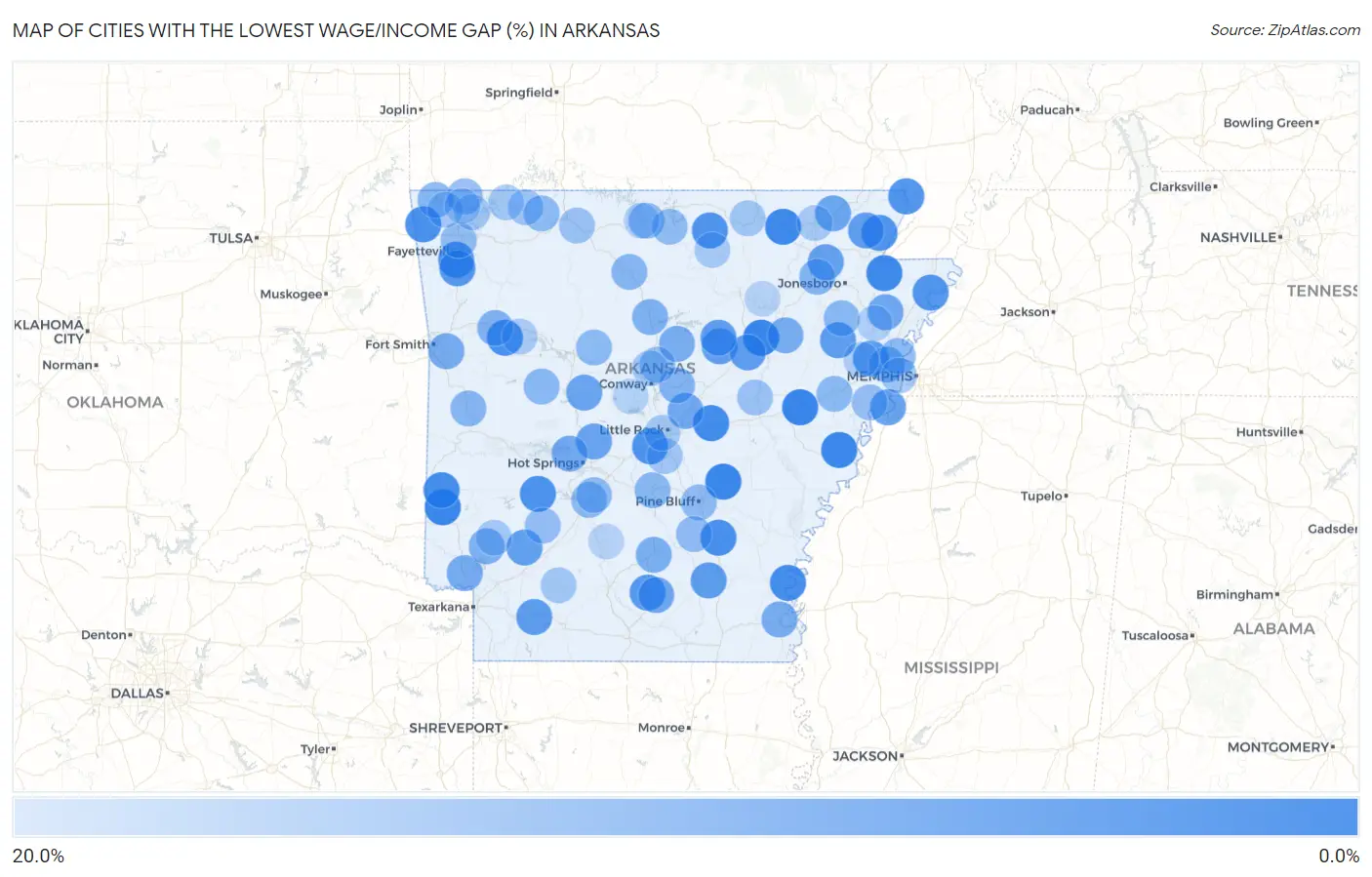 Cities with the Lowest Wage/Income Gap (%) in Arkansas Map