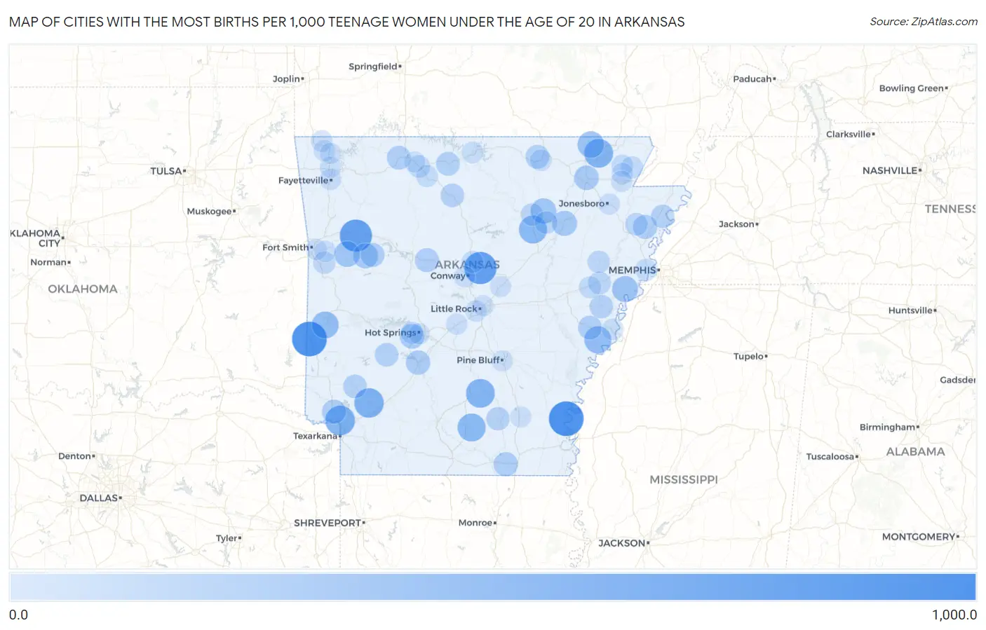 Cities with the Most Births per 1,000 Teenage Women Under the Age of 20 in Arkansas Map