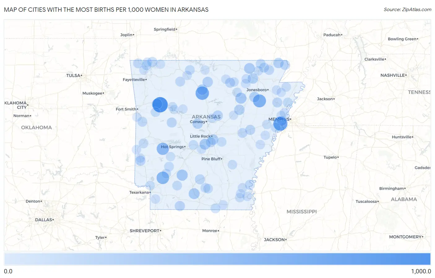 Cities with the Most Births per 1,000 Women in Arkansas Map