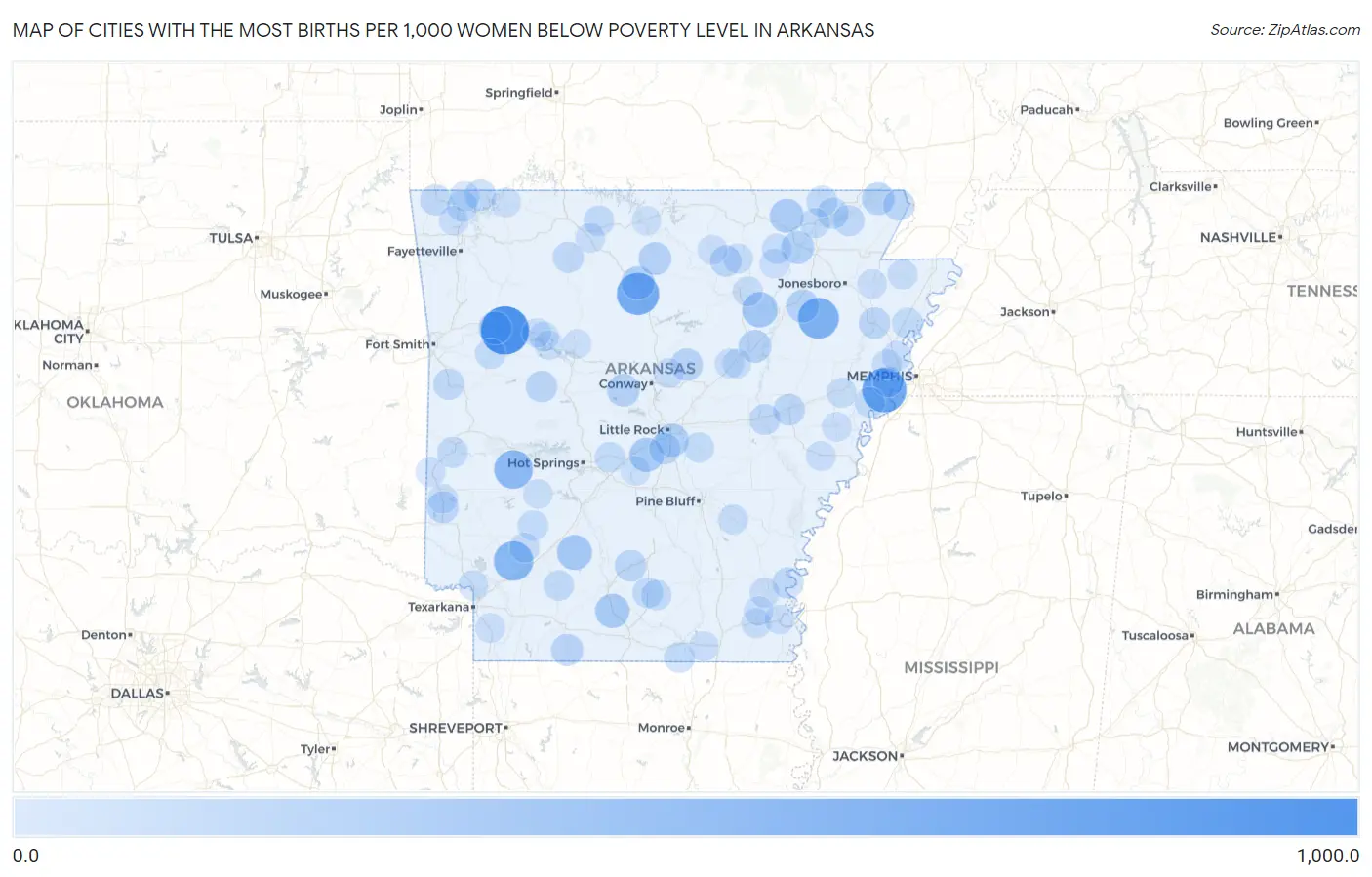 Cities with the Most Births per 1,000 Women Below Poverty Level in Arkansas Map