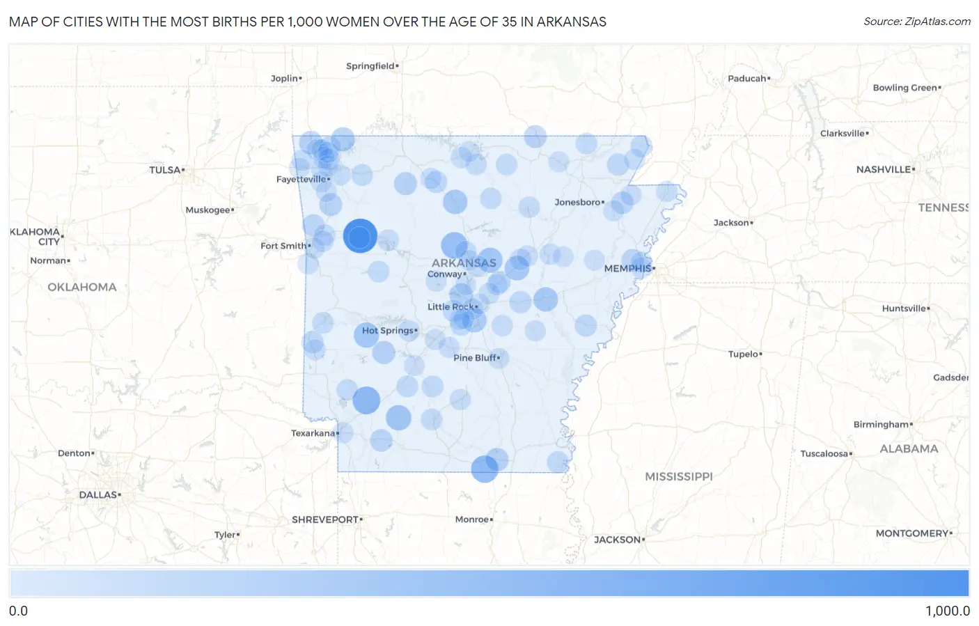 Cities with the Most Births per 1,000 Women Over the Age of 35 in Arkansas Map