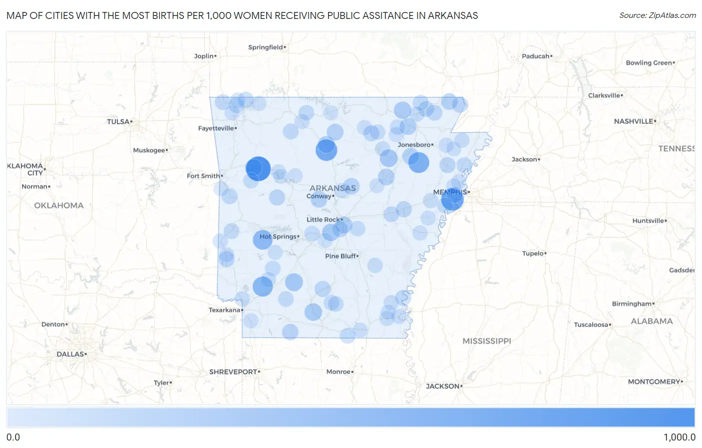 Cities with the Most Births per 1,000 Women Receiving Public Assitance in Arkansas Map