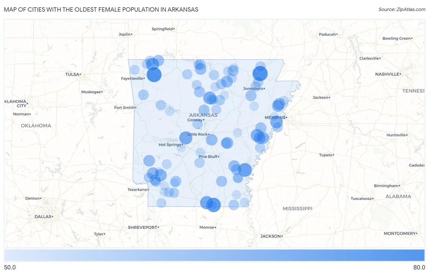 Cities with the Oldest Female Population in Arkansas Map