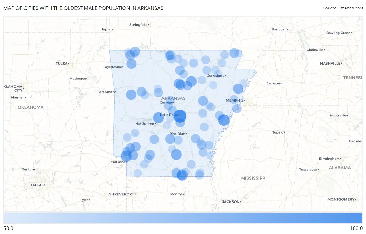 Cities with the Oldest Male Population in Arkansas Map