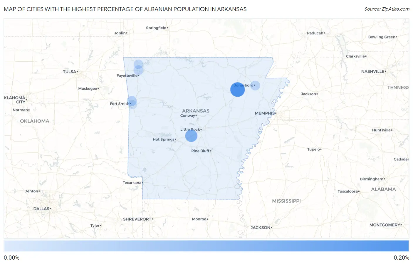 Cities with the Highest Percentage of Albanian Population in Arkansas Map