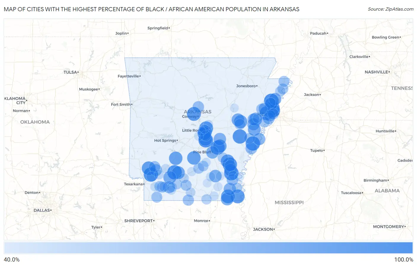 Cities with the Highest Percentage of Black / African American Population in Arkansas Map