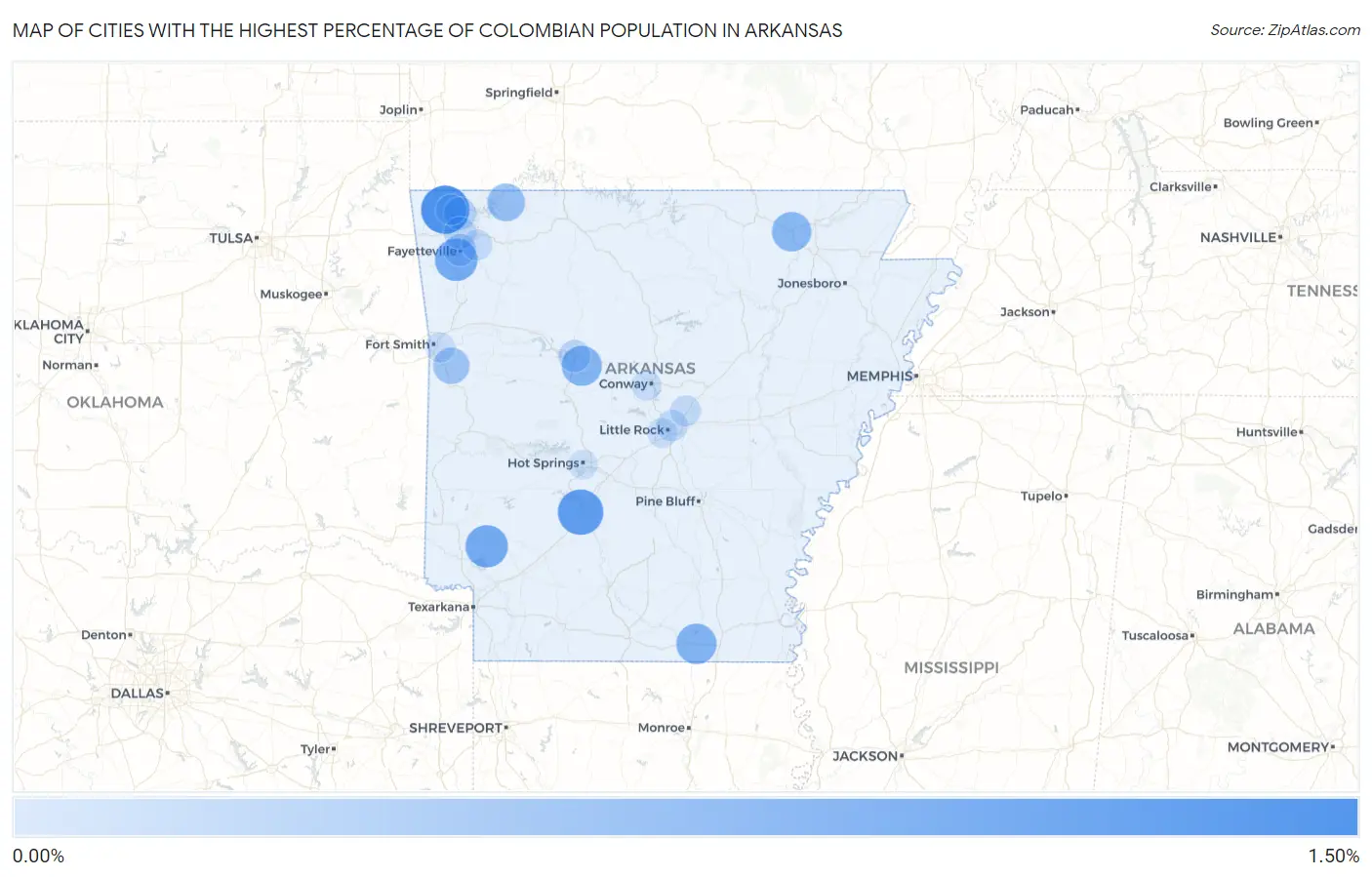 Cities with the Highest Percentage of Colombian Population in Arkansas Map