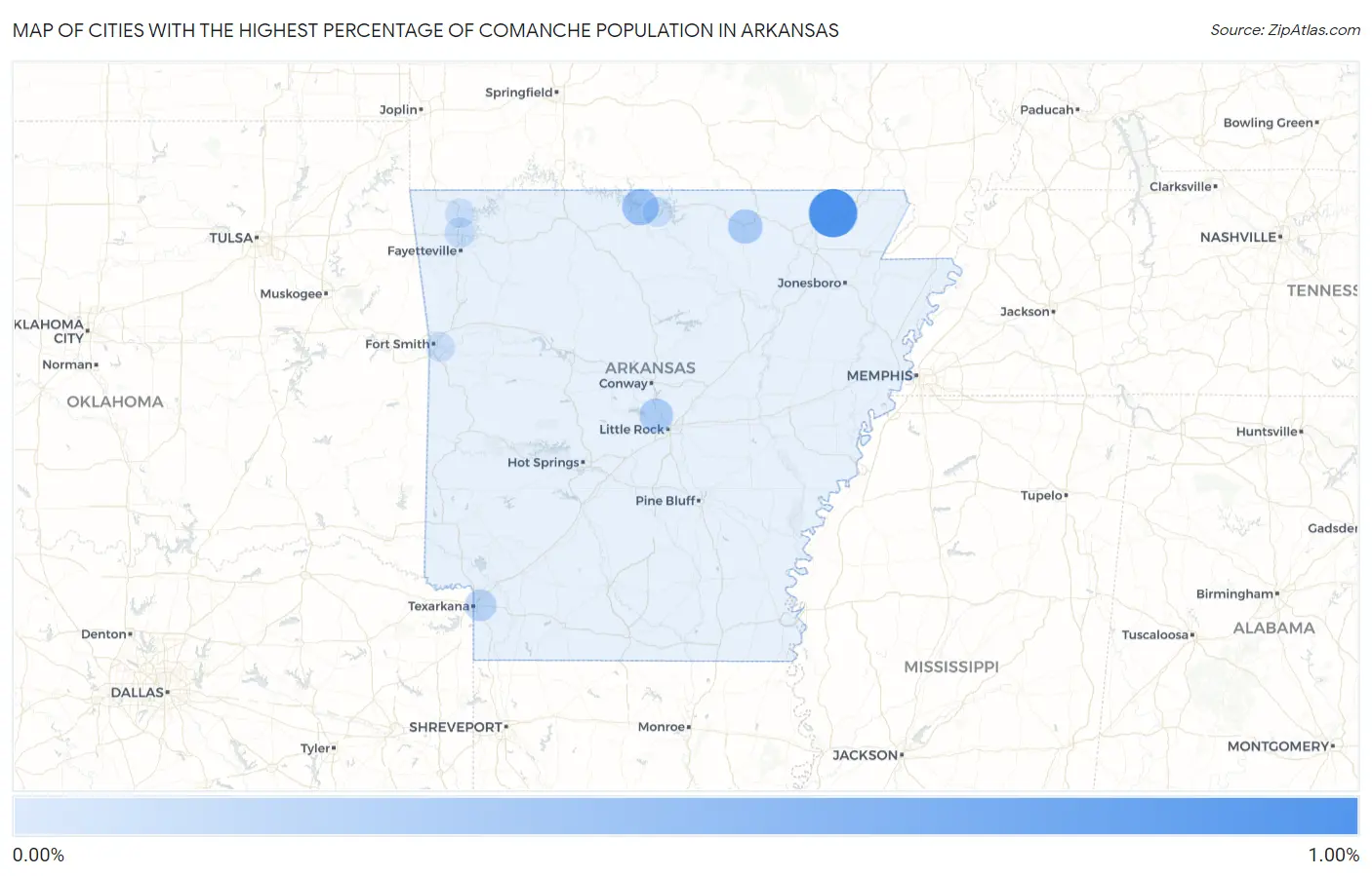Cities with the Highest Percentage of Comanche Population in Arkansas Map