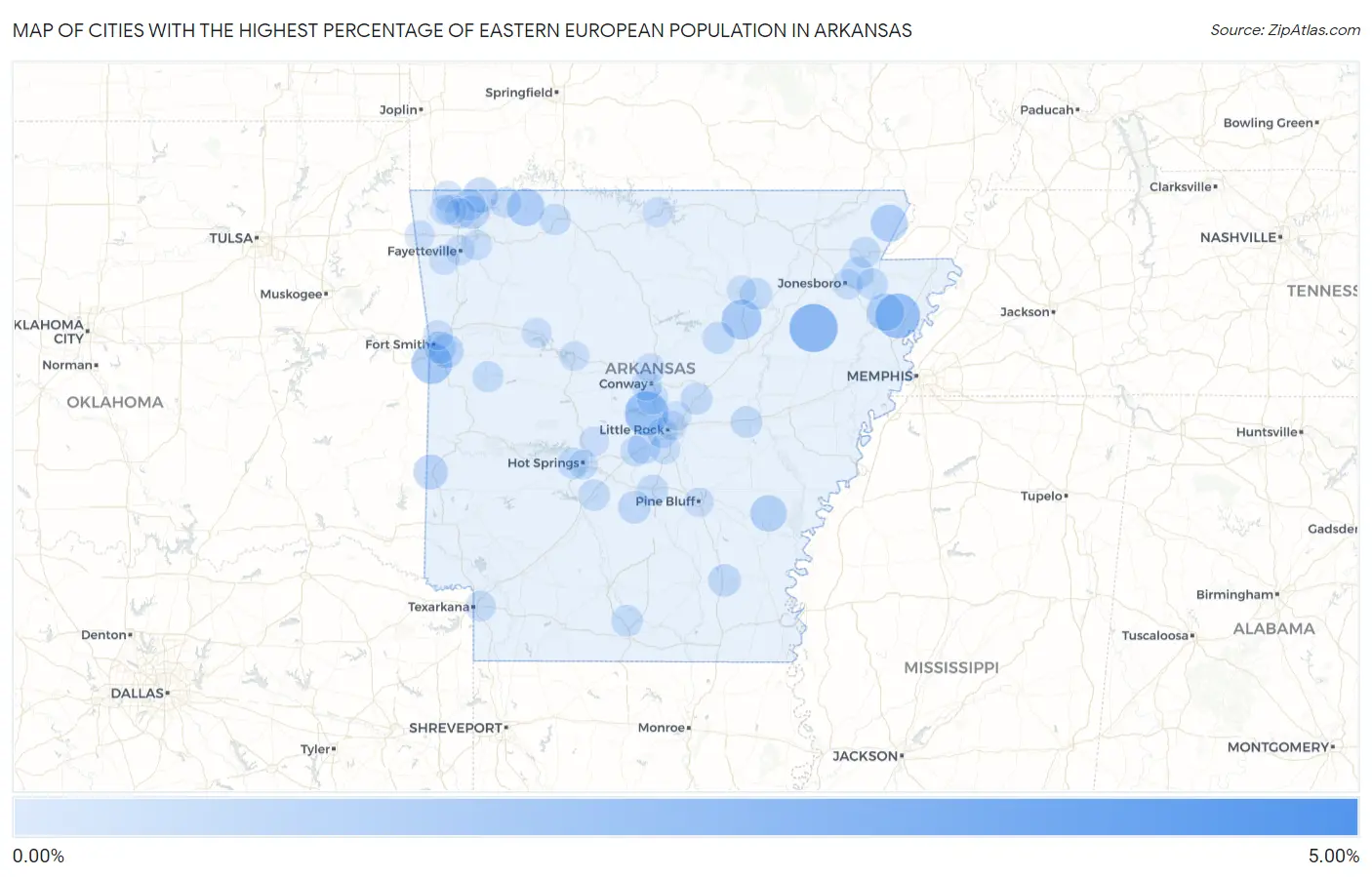 Cities with the Highest Percentage of Eastern European Population in Arkansas Map