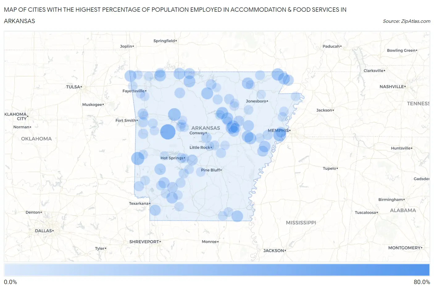 Cities with the Highest Percentage of Population Employed in Accommodation & Food Services in Arkansas Map