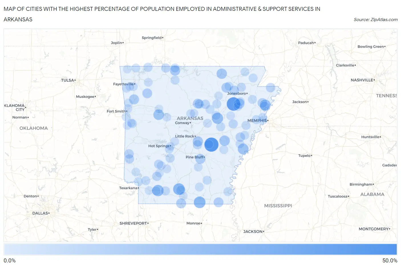 Cities with the Highest Percentage of Population Employed in Administrative & Support Services in Arkansas Map