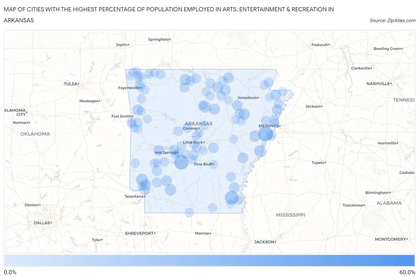 Cities with the Highest Percentage of Population Employed in Arts, Entertainment & Recreation in Arkansas Map