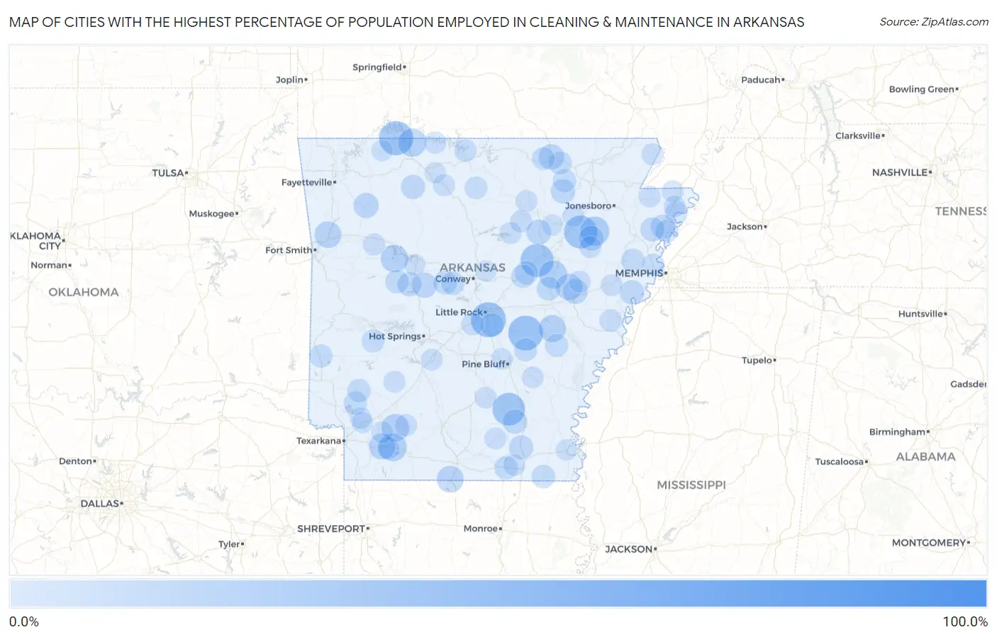 Cities with the Highest Percentage of Population Employed in Cleaning & Maintenance in Arkansas Map