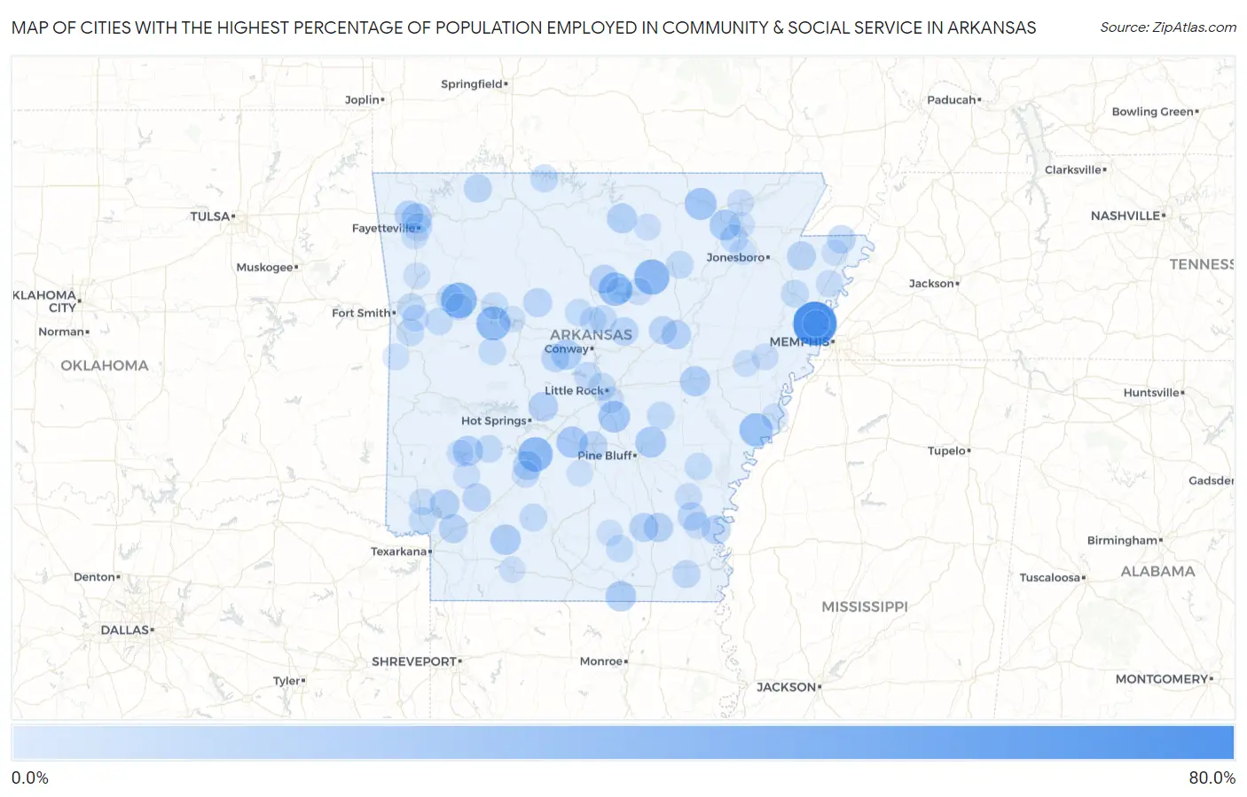 Cities with the Highest Percentage of Population Employed in Community & Social Service  in Arkansas Map