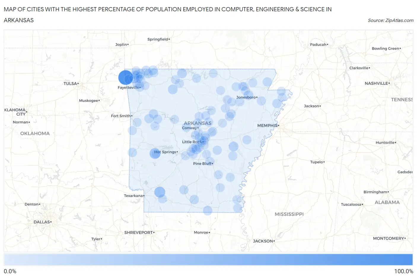 Cities with the Highest Percentage of Population Employed in Computer, Engineering & Science in Arkansas Map