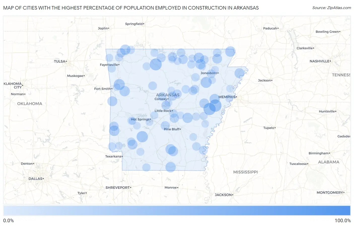Cities with the Highest Percentage of Population Employed in Construction in Arkansas Map