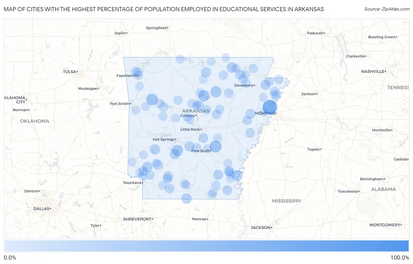 Cities with the Highest Percentage of Population Employed in Educational Services in Arkansas Map