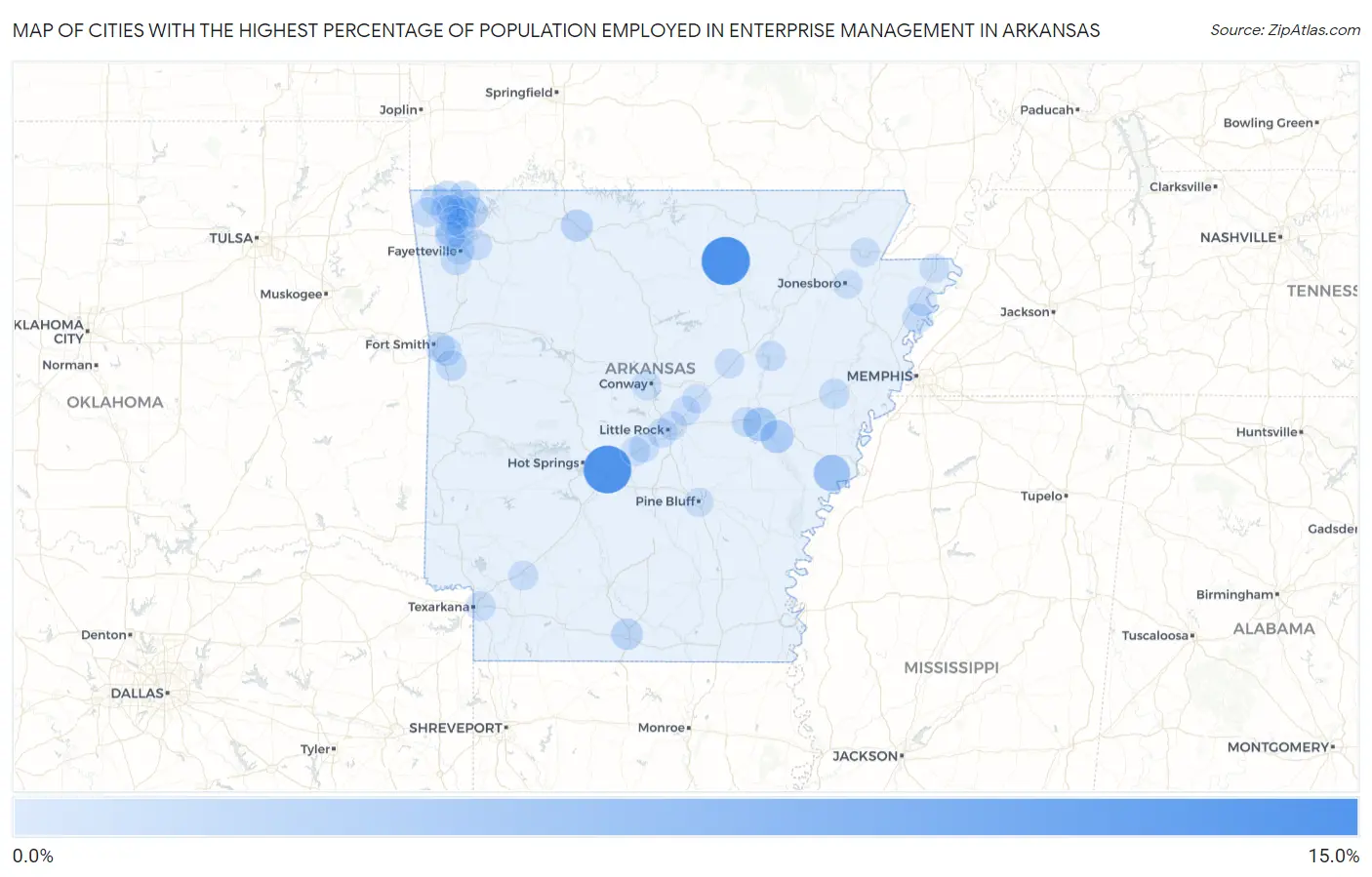 Cities with the Highest Percentage of Population Employed in Enterprise Management in Arkansas Map